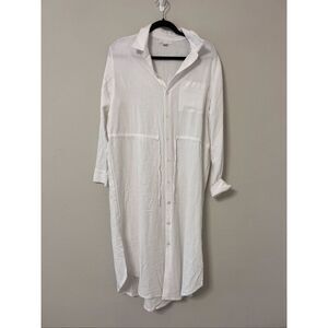 Barefoot Dreams Women's White Linen Blend Cinched Button Shirt Dress Large NWOT